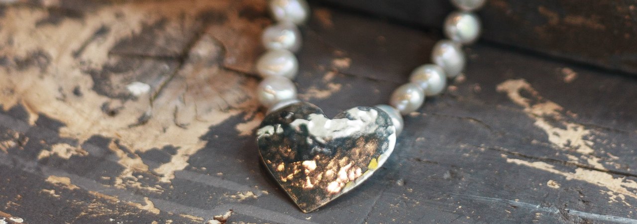 Huge hammered heart on pearls - large