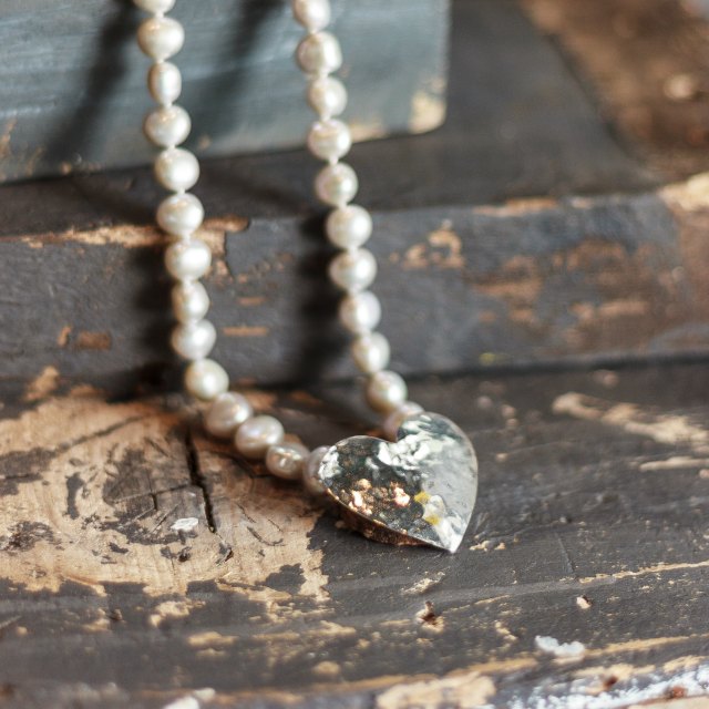 Huge hammered heart on pearls -small